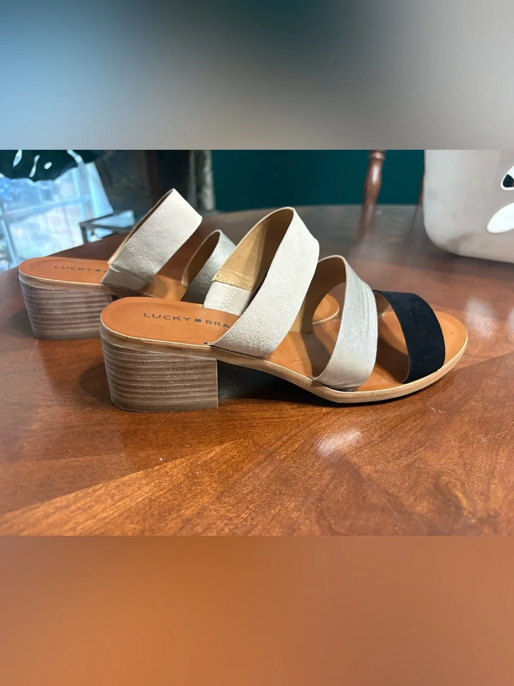 Lucky Brand “Rileigh 2” Two-Tone Block Heel Sandals - Black and Silver